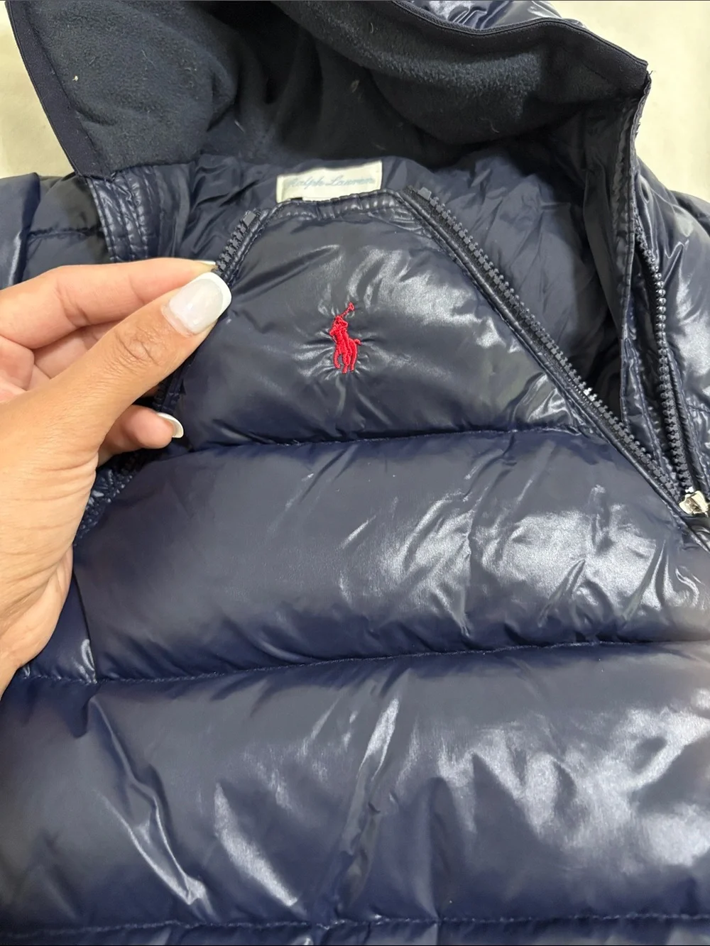 Ralph Lauren Navy Shiny Quilted Baby Snowsuit with Hood